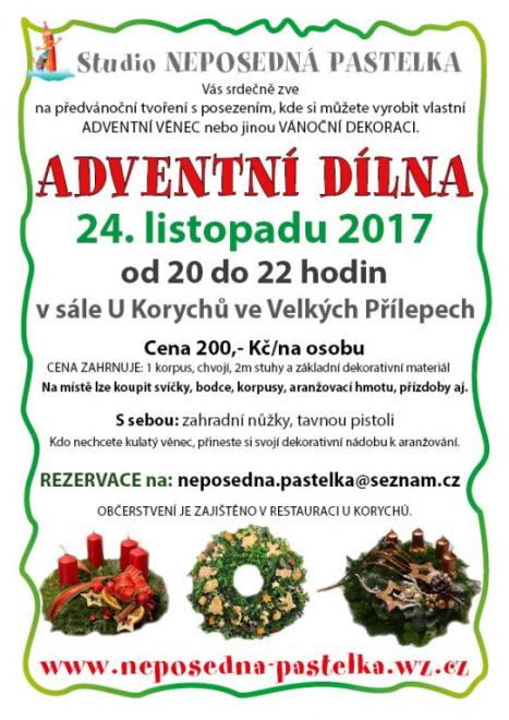 Adventní dílna - Studio Neposedná pastelka Vás srdečně zve na předvánoční tvoření s posezením, kde si můžete vyrobit vlastní ADVENTNÍ VĚNEC nebo jinou VÁNOČNÍ DEKORACI. 