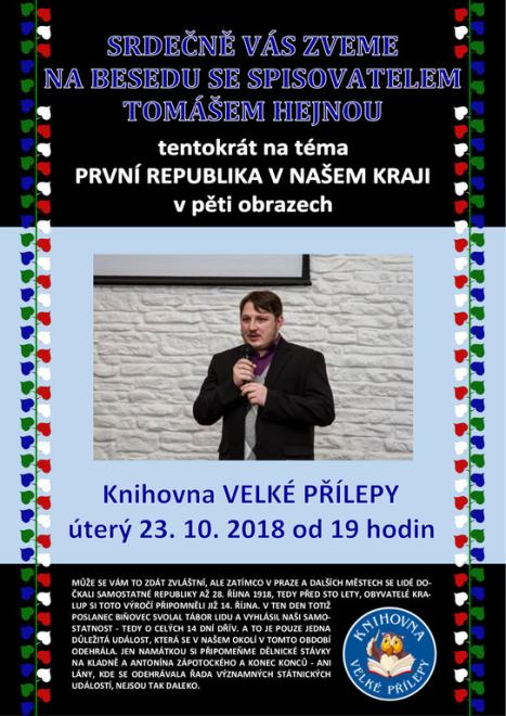 Beseda se spisovatelem Tomášem Hejnou - téma první republika v našem kraji.